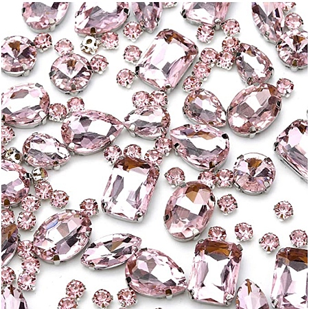 GORGECRAFT Sew on Rhinestone, Multi-strand Links, Glass Rhinestone, with Brass Prong Settings, Garments Accessories, Faceted, Mixed Shapes, Pink, 8~18x5.5~13x4~7.5mm, Hole: 0.8~1mm, 100pcs/box