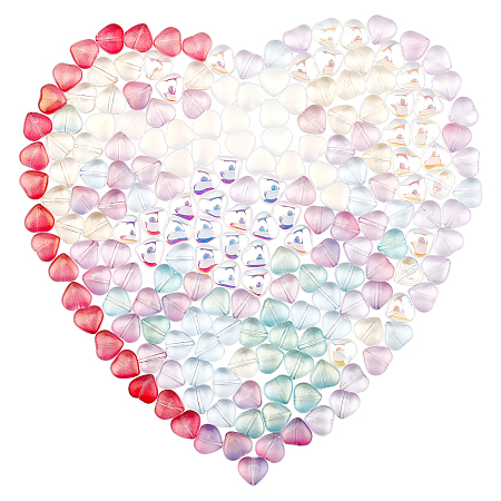 Transparent Glass Beads, Heart, Mixed Color, 8x8x4.5~5mm, Hole: 1mm; 10 colors, 20pcs/color, 200pcs/box