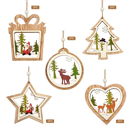 Arricraft 10Pcs 5 Style Wooden Hanging Ornaments, with Jute Twine, for Party Gift Home Decoration, Mixed Shapes, Christmas Theme, BurlyWood, 20cm, 2pcs/style