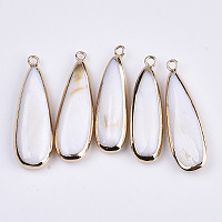 Honeyhandy Natural Freshwater Shell Pendants, with Golden Plated Brass Open Back Settings, Teardrop, Seashell Color, 32~34x9.5~11x5.5mm, Hole: 1.6mm