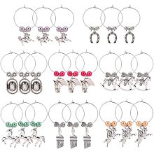 BENECREAT 24Pcs 8 Styles Antique Silver Wine Glass Charms, Horseshoe Brush Horse Markers Tags Identification for Stem Glass decoration Wine Tasting Party