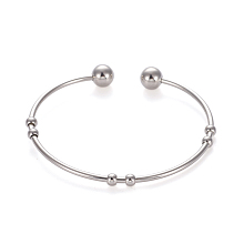 Honeyhandy 201 Stainless Steel Cuff Bangles, Torque Bangles, with Round Beads, Stainless Steel Color, 5.3~6x4~5.5cm