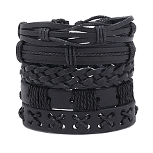 Honeyhandy 5Pcs 5 Style Adjustable Braided Imitation Leather Cord Bracelet Set with Waxed Cord for Men, Black, Inner Diameter: 2-1/8~3-1/4 inch(5.3~8.1cm), 1Pc/style