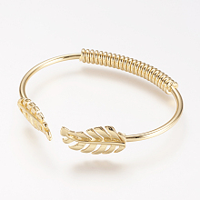 Honeyhandy Brass Cuff Bangle, Real 18K Gold Plated, Leaf, Golden, 2 inchx2-1/4 inch(50x58mm)