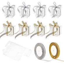 BENECREAT 30Pcs 2.7x2.7x2.7" Clear Plastic Favor Box with 2 Rolls 10mm Wide Gold and Silver Glitter Ribbons for Wedding Party Birthday Candy Chocolate Presents