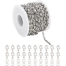 CHGCRAFT 40 Feet Stainless Steel Smooth Surface Charm Crooked Link Chains with 20Pcs Zinc Alloy Lobster Claw Clasps and Iron Jump Rings for DIY Necklace Bracelet Jewelry Making Chain, Platinum