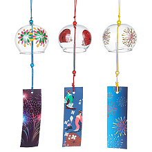 BENECREAT 3Pcs 3 Style Japanese Glass Wind Chimes, Fireworks Pattern Small Wind Bells with Paper Card, Suncatcher for Garden Window Party Hanging Decors, Mixed Color, 375~410mm, 1pc/style