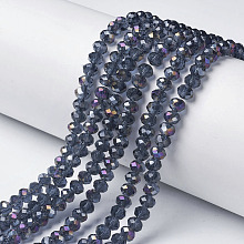 Honeyhandy Electroplate Transparent Glass Beads Strands, Half Rainbow Plated, Faceted, Rondelle, Steel Blue, 6x5mm, Hole: 1mm, about 92~94pcs/strand, 17~17.5 inch(42.5~43.75cm)