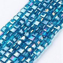 Honeyhandy Electroplate Glass Beads Strands, AB Color Plated, Faceted, Cube, Dark Turquoise, 6x6x6mm, Hole: 1mm, about 100pcs/strand, 22 inch