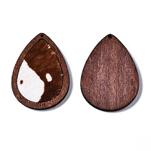 Honeyhandy Eco-Friendly Cowhide Leather Pendants, with Dyed Wood, Teardrop with Leopard Print, Sienna, 46x32.5x4mm, Hole: 1.2mm