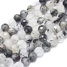 Honeyhandy Natural Tourmalinated Quartz/Black Rutilated Quartz Beads Strands, Faceted, Round, 6mm, Hole: 0.8mm, about 70 pcs/Strand, 15.75 inch(40 cm)