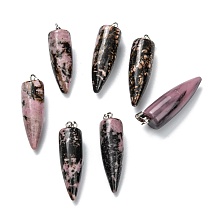 Honeyhandy Natural Rhodonite Pendants, with Platinum Brass Findings, Bullet, 32~35x10~11mm, Hole: 7X3mm