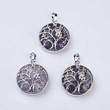 Honeyhandy Natural Amethyst Pendants, with Brass Findings, Flat Round with Tree of Life, Platinum, 31~32x27x8~9mm, Hole: 5x7mm