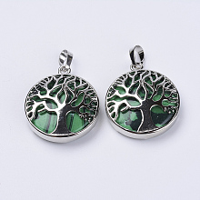 Honeyhandy Dyed Synthetic Malachite Pendants, with Platinum Plated Brass Findings, Flat Round with Tree of Life, 31x27x8mm, Hole: 3.5x7mm