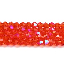 Honeyhandy Transparent Electroplate Glass Beads Strands, AB Color Plated, Faceted, Bicone, Red, 4x4mm, Hole: 0.8mm, about 87~98pcs/strand, 12.76~14.61 inch(32.4~37.1cm)