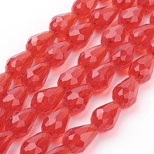 Honeyhandy Glass Beads Strands, Faceted, teardrop, Red, 15x10mm, Hole: 2mm, about 48pcs/strand, 27.56 inch(70cm)