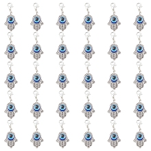 SUNNYCLUE 30Pcs Alloy Pendants, with Resin Beads and Zinc Alloy Lobster Claw Clasps, Hamsa Hand with Evil Eye, Antique Silver & Platinum, Royal Blue, 40mm