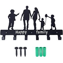 Arricraft Iron Wall Hanging Hook Free Perforated Sticky Hook Hanger Happy Family Pattern Decoration Storage Rack with 6 Hooks Bag Key Scarf Hanger Wall Decoration (24x40x2.38cm)