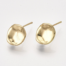 Honeyhandy Brass Stud Earring Findings, with Loop, Flat Round, Real 18K Gold Plated, 11.5x10mm, Hole: 1.2mm, Pin: 0.8mm