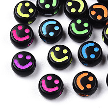 Honeyhandy Opaque Craft Acrylic Beads, Flat Round with Smiling Face, Mixed Color, 7x4mm, Hole: 1.6mm, about 3830pcs/500g