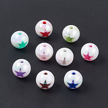 Honeyhandy UV Plating Rainbow Iridescent Acrylic Beads, Round with Star Pattern, Mixed Color, 15mm, Hole: 3.7mm