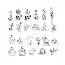 Tibetan Style Alloy Pendants, Cat Charms, Antique Silver, 16.5~33x8.5~16.5x2.5~3mm, Hole: 1.5~2mm, 51pcs/set