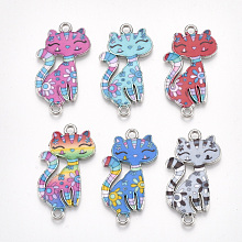 Honeyhandy Printed Alloy Kitten Links connectors, with Enamel, Cartoon Cat, Platinum, Mixed Color, 29.5x16.5x2mm, Hole: 1.8mm