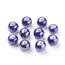 Honeyhandy Handmade Porcelain Beads, Pearlized, Round, Dark Blue, 10mm, Hole: 2~3mm