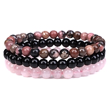 Honeyhandy 3Pcs 3 Style Natural Rhodonite & Black Agate & Rose Quartz Round Beaded Stretch Bracelets Set, Gemstone Stackable Bracelets for Woman, Wide: 6mm, 7-1/4~7-1/2 inch(18.5~19cm), 1Pc/style