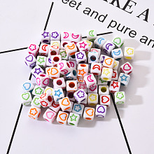 Honeyhandy Craft White Acrylic Beads, Cube with Mixed Color Star & Moon & Flower & Heart, 5.5~6x5.5~6x5.5~6mm, Hole: 3mm, about 100pcs/bag