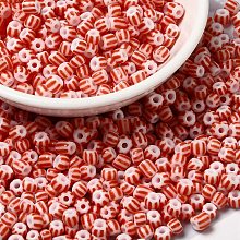 Honeyhandy 6/0 Opaque Colours Seep Glass Seed Beads, Round Hole, Round with Stripe Pattern, Tomato, 3~4.5x3~4.5mm, Hole: 1.2~1.5mm, about 450g/bag