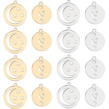 DICOSMETIC 16Pcs 4 Style Stainless Steel Pendants Flat Round with Moon and Star Charms Pendants in Golden Color for DIY Craft Jewelry Making Bracelet Necklace Pendant Earring Accessories