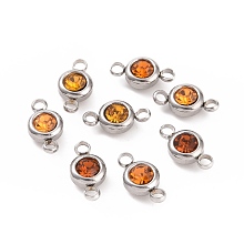 Honeyhandy 304 Stainless Steel Rhinestone Links Connectors, Flat Round, Stainless Steel Color, Topaz, 12x6.5x4mm, Hole: 2mm