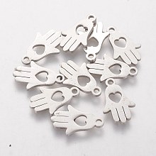 Honeyhandy 304 Stainless Steel Charms, Laser Cut, Hamsa Hand/Hand of Fatima/Hand of Miriam with Heart, Stainless Steel Color, 15x9.5x1.2mm, Hole: 1mm