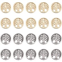 SUNNYCLUE 1 Box 20Pcs 2 Colors Life Tree Beads 18K Gold Plated Alloy Hollow Flat Round Disc Coin Bead Vintage Loose Spacers for Jewelry Making DIY Earrings Necklaces Crafts Findings