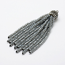 Honeyhandy Electroplate Glass Bead Tassel Big Pendants, with Brass Rhinestone Findings, Gray, 76x10.8mm, Hole: 2.5mm