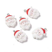 Honeyhandy Christmas Theme Opaque Resin Pendants, with Platinum Tone Iron Findings, Santa Claus Head, White, 26.5x18x7.5mm, Hole: 2mm