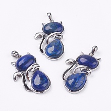 Honeyhandy Natural Lapis Lazuli Kitten Pendants, with Brass Findings, Cat Silhouette Shape, Platinum, 44x26.5x7.5mm, Hole: 4x6mm