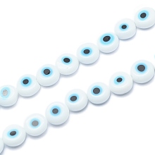 Honeyhandy Handmade Evil Eye Lampwork Flat Round Bead Strands, White, 6x3mm, Hole: 1mm, about 65pcs/strand, 14 inch