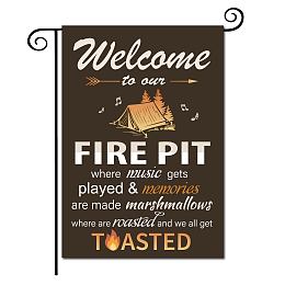 CREATCABIN Welcome To Our Fire Pit Garden Flag Chalet Marshmallows Music Camper Yard Decoration Burlap Decor Rustic Vertical Double Sided for Garden Farmhouse House Yard Lawn Outdoor 12.5 x 18 Inch