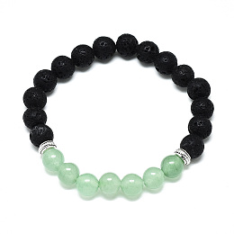 Honeyhandy Natural Green Aventurine Beads Stretch Bracelets, with Synthetic Lava Rock Beads and Alloy Beads, Round, Inner Diameter: 2-1/8 inch(5.5cm), Beads: 8.5mm