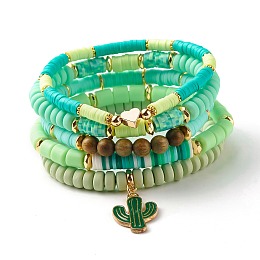 Honeyhandy Natural Sandalwood Round & Polymer Clay Heishi Beads Stretch Bracelets Sets, Cactus Heart Charm Stackable Preppy Bracelets for Women, Green, Inner Diameter: 2 1/8~2-1/4 inch(5.4~5.7cm), 5Pcs/set