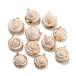 Honeyhandy Natural Conch Shell Pendants, Flat Round Charms with Brass Edge, Golden, 21~22.5x18~19.5x9.5~15mm, Hole: 1.6mm