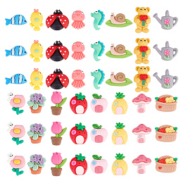 CHGCRAFT 48Pcs 16 Style Fruits Resin Cabochons Slime Charms Cartoon Animal Insect Plant Fruit Animal Flatback Charms for Craft Making, Length 12-28mm