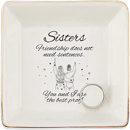 SUPERDANT Porcelain Square Trinket Dish, Sisterhood Theme Ceramic Jewelry Tray, Ring Key Holder, Small Jewelries Plate, Gift for Friends Family, Home Decor 4.1"x4.1"