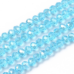 Honeyhandy Electroplate Glass Beads Strands, AB Color Plated, Faceted, Rondelle, Cyan, 4x3mm, Hole: 0.4mm, about 123~127pcs/strand, 16.5~16.9 inch(42~43cm)