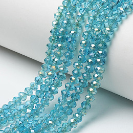 Honeyhandy Electroplate Transparent Glass Beads Strands, Half Rainbow Plated, Faceted, Rondelle, Medium Turquoise, 6x5mm, Hole: 1mm, about 85~88pcs/strand, 16.1~16.5 inch(41~42cm)