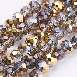 Honeyhandy Electroplate Glass Faceted Rondelle Beads Strands,  Half Golden Plated, Gold, 10x8mm, Hole: 1mm, about 63~65pcs/strand, 19.2~20 inch(48~50cm)