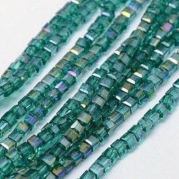 Honeyhandy Electroplate Glass Bead Strands, AB Color Plated, Faceted, Cube, Teal, 4x4x4mm, Hole: 1mm, about 98pcs/strand, 15.7 inch