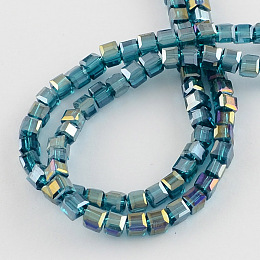 Honeyhandy Electroplate Glass Beads Strands, AB Color Plated, Faceted, Cube, Dark Turquoise, 4x4x4mm, Hole: 1mm, about 100pcs/strand, 17 inch